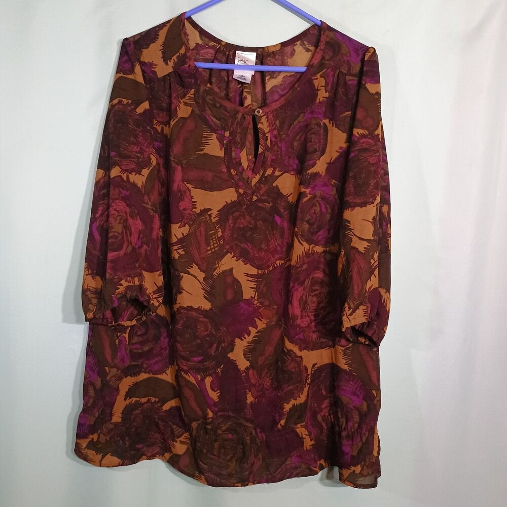 Women’s Brown Burgundy Floral Tunic Blouse – 3/4 Sleeve Boho Peasant Top